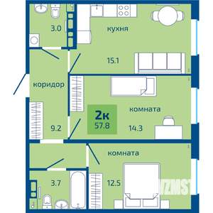 2-к квартира, вторичка, 58м2, 6/10 этаж