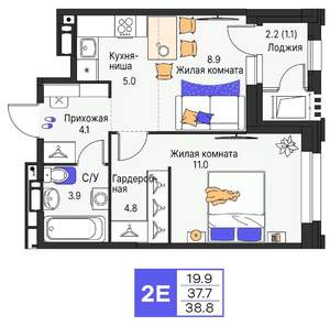 2-к квартира, строящийся дом, 39м2, 5/19 этаж