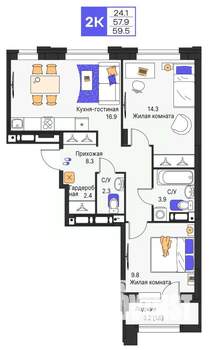 2-к квартира, строящийся дом, 60м2, 3/9 этаж