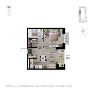 2-к квартира, строящийся дом, 48м2, 6/6 этаж