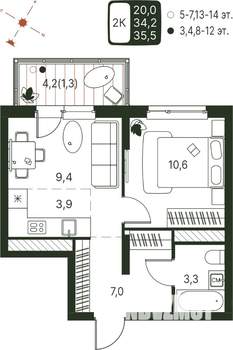 Студия квартира, строящийся дом, 36м2, 7/20 этаж