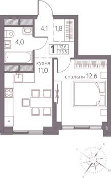 1-к квартира, строящийся дом, 34м2, 15/20 этаж