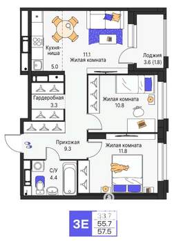 3-к квартира, вторичка, 58м2, 10/25 этаж