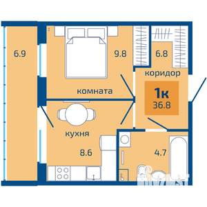 1-к квартира, строящийся дом, 37м2, 1/10 этаж