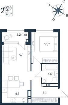 2-к квартира, строящийся дом, 46м2, 10/15 этаж