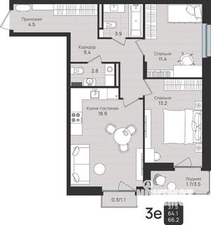 3-к квартира, вторичка, 66м2, 6/6 этаж