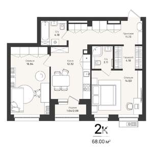 2-к квартира, строящийся дом, 68м2, 1/16 этаж