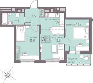 3-к квартира, строящийся дом, 57м2, 12/22 этаж