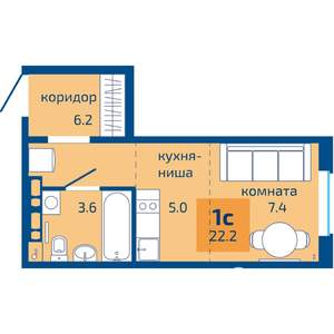 1-к квартира, строящийся дом, 22м2, 8/10 этаж