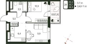 Студия квартира, строящийся дом, 37м2, 6/20 этаж