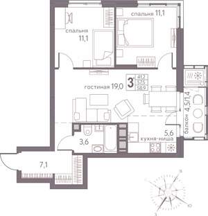 Студия квартира, строящийся дом, 59м2, 6/20 этаж