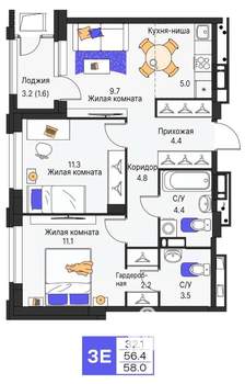 3-к квартира, вторичка, 58м2, 6/25 этаж