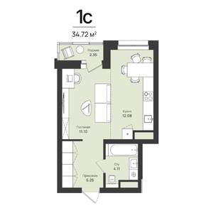 1-к квартира, строящийся дом, 35м2, 2/16 этаж