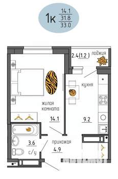 1-к квартира, строящийся дом, 33м2, 24/25 этаж