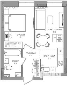 2-к квартира, вторичка, 38м2, 2/8 этаж