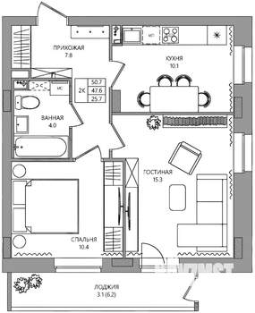 2-к квартира, вторичка, 51м2, 2/9 этаж