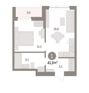1-к квартира, вторичка, 42м2, 6/16 этаж