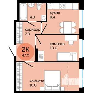 2-к квартира, вторичка, 47м2, 1/22 этаж