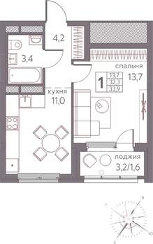 1-к квартира, строящийся дом, 34м2, 11/20 этаж