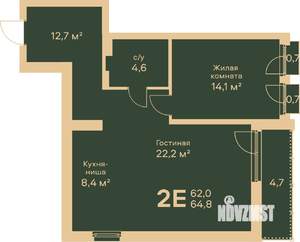 2-к квартира, строящийся дом, 65м2, 5/6 этаж