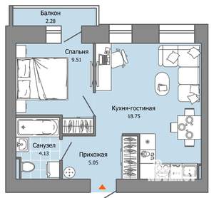 1-к квартира, вторичка, 38м2, 2/8 этаж
