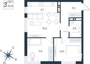 3-к квартира, строящийся дом, 58м2, 5/15 этаж