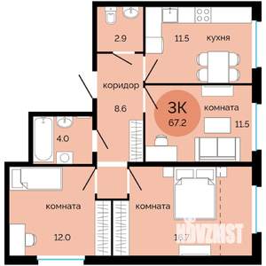 3-к квартира, вторичка, 67м2, 9/12 этаж