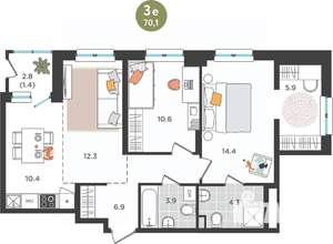 3-к квартира, вторичка, 70м2, 2/25 этаж