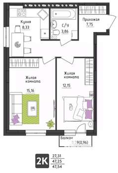 2-к квартира, вторичка, 48м2, 3/4 этаж