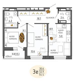 3-к квартира, строящийся дом, 54м2, 20/25 этаж