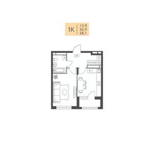 1-к квартира, строящийся дом, 38м2, 9/22 этаж
