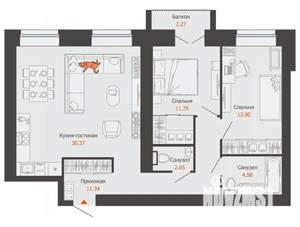 2-к квартира, вторичка, 74м2, 8/8 этаж