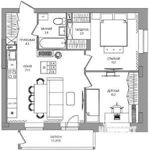 2-к квартира, вторичка, 55м2, 2/9 этаж