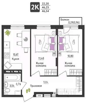 2-к квартира, вторичка, 47м2, 1/4 этаж