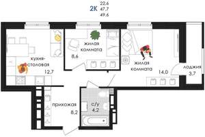 2-к квартира, вторичка, 50м2, 6/10 этаж