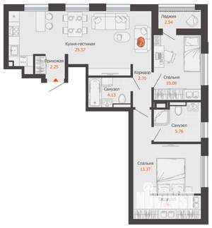 2-к квартира, вторичка, 71м2, 11/16 этаж