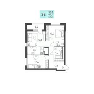 3-к квартира, строящийся дом, 64м2, 11/22 этаж