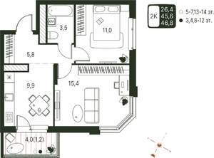 2-к квартира, строящийся дом, 47м2, 11/20 этаж