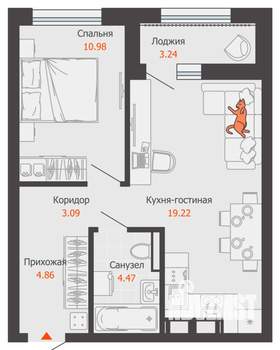 1-к квартира, вторичка, 44м2, 9/16 этаж