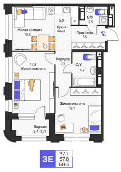 3-к квартира, строящийся дом, 60м2, 11/19 этаж