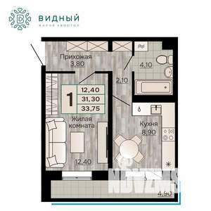 1-к квартира, вторичка, 34м2, 2/8 этаж