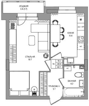1-к квартира, вторичка, 42м2, 2/10 этаж