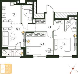Студия квартира, строящийся дом, 60м2, 2/20 этаж