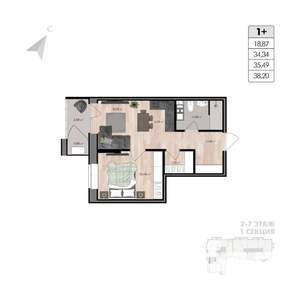 2-к квартира, строящийся дом, 38м2, 3/8 этаж