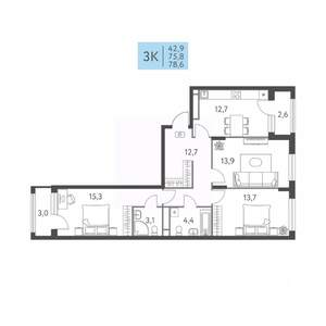 3-к квартира, вторичка, 79м2, 3/22 этаж
