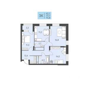 3-к квартира, вторичка, 75м2, 13/22 этаж