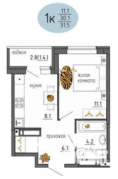 1-к квартира, строящийся дом, 32м2, 21/25 этаж