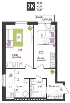 2-к квартира, вторичка, 48м2, 3/4 этаж