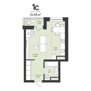 1-к квартира, строящийся дом, 35м2, 1/16 этаж