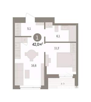 1-к квартира, вторичка, 42м2, 6/16 этаж